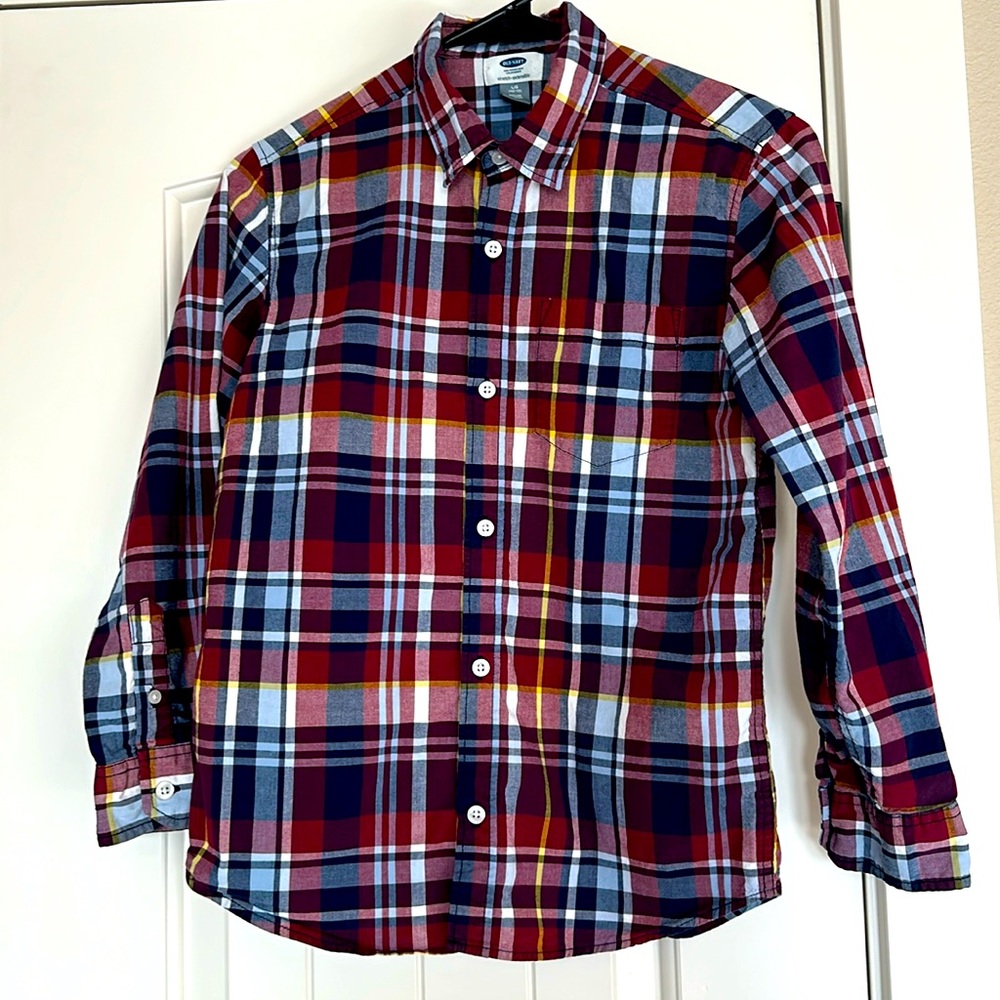 Boys, Old Navy dress shirt, size L 10-12, burgundy and navy with yellow accent